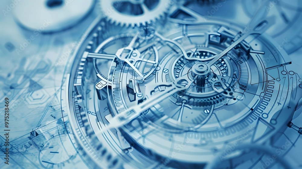 Poster a close up of a clock with many gears, the clock is blue and silver. the gears are of different size