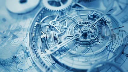 Fototapeta premium A close up of a clock with many gears, the clock is blue and silver. The gears are of different sizes and are spread out across the clock. The clock is a work of art, with each gear carefully crafted
