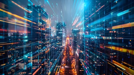 Obraz premium Modern city with towering skyscrapers and flowing cloud-based data streams between them