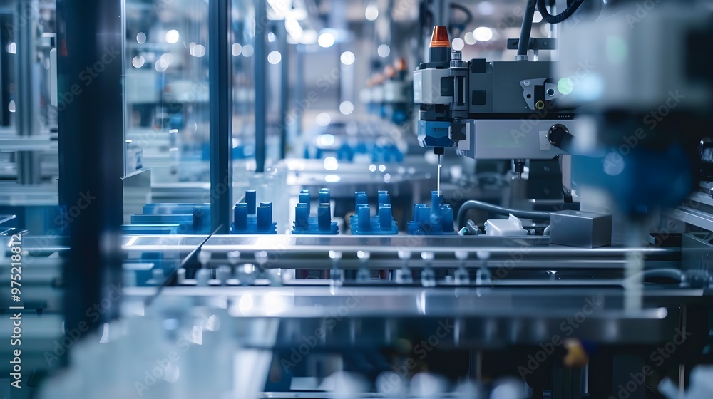 Poster a factory with many machines and blue containers. scene is industrial and mechanical. the idea of th