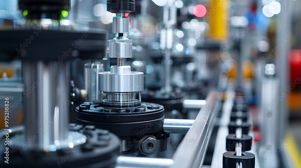 Poster a factory assembly line with various machines and tools. the machines are all made of silver and bla