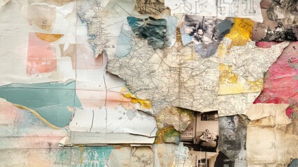Fototapeta premium Artful collage combining pieces of old maps, vintage photographs, and artistic brushstrokes, evoking a nostalgic feel