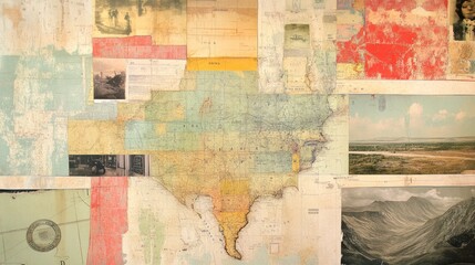 Artful collage combining pieces of old maps, vintage photographs, and artistic brushstrokes, evoking a nostalgic feel