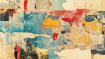 Fototapeta premium Artful collage combining pieces of old maps, vintage photographs, and artistic brushstrokes, evoking a nostalgic feel