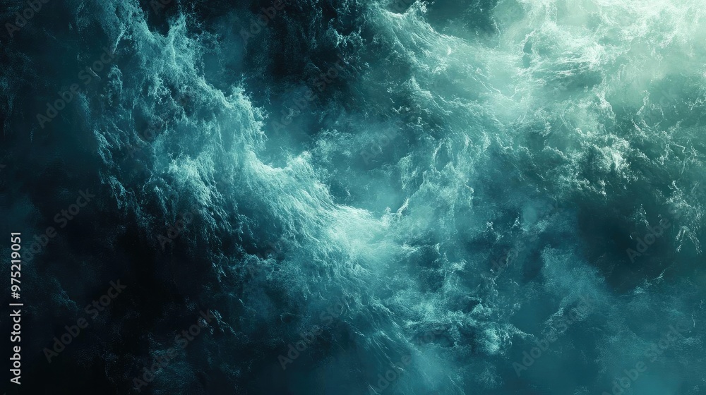 Poster an abstract representation of turbulent ocean waves in deep shades, capturing the raw power and beau