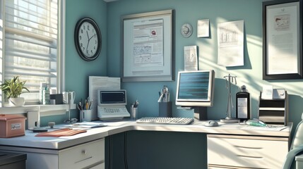 Fototapeta premium Clean and organized doctor's office featuring a stethoscope, medical instruments, and a computer on the desk