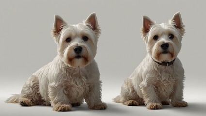 Two adorable dogs sitting side by side against a neutral background.