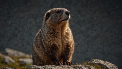 Portrait of a groundhog standing on a rock with natural background