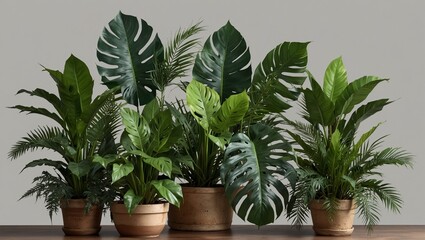 Collection of various indoor plants in clay pots on wooden table
