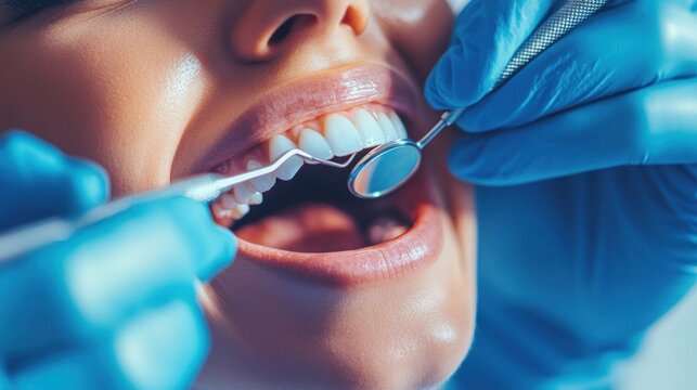 Close-up of a dentist's hands using dental instruments to perform a routine check-up on a patient in a bright, sterile environment