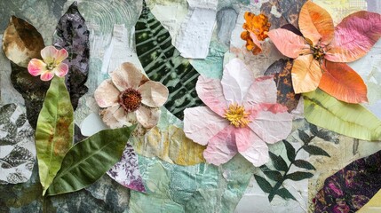 Collage of nature-inspired elements like leaves, flowers, and textured papers, arranged in a whimsical, artistic manner
