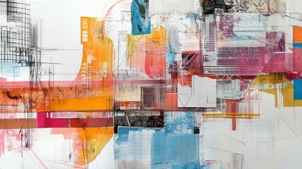 Obraz premium Detailed collage combining architectural sketches, textured paper, and colorful paint, reflecting a fusion of design elements