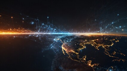 Global network visualization with illuminated connections at night