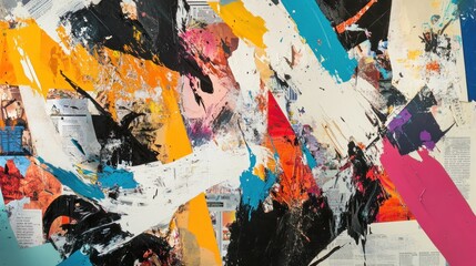 Fototapeta premium Dynamic collage featuring torn magazine pages, abstract paint strokes, and playful illustrations, creating a sense of movement