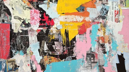 Fototapeta premium Eclectic collage featuring vintage magazine clippings and textured paper layered with bright, abstract paint splashes