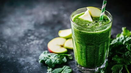 Fototapeta premium Glass of fresh green fruit smoothie served with apple slices and greens