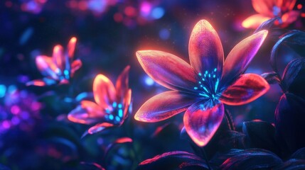 Glowing Neon Flowers in a Futuristic Digital Garden - Abstract Techno Botanical Artwork