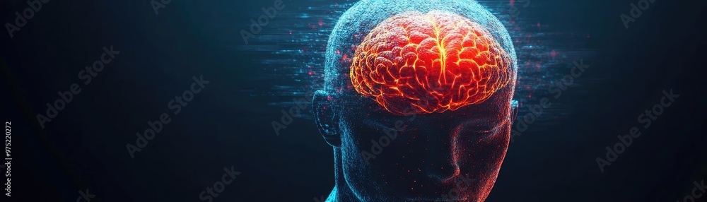 Poster futuristic representation of a human brain, showcasing neural connections and glowing patterns, symb