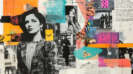 Fototapeta premium Mixed media collage combining black and white photographs, bold colored patterns, and handwritten text elements
