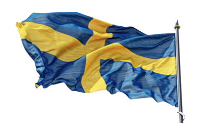 Waving Sweden flag on a flagpole on transparent background