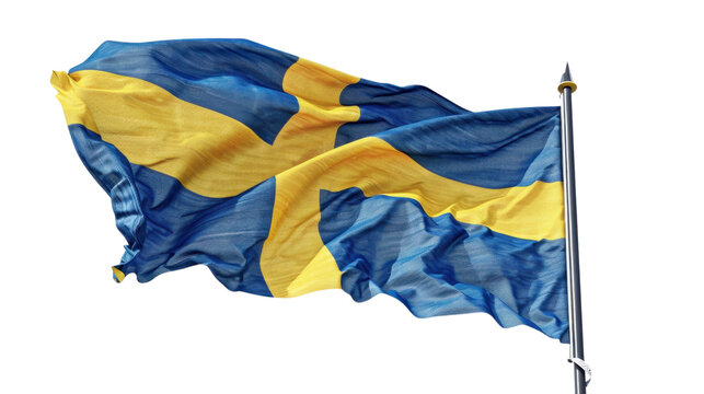 Waving Sweden flag on a flagpole on transparent background