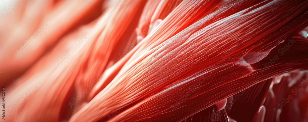 Poster close-up view of intricate muscle fibers highlighting their texture and structure in a vivid red hue
