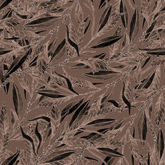 Texture with hand drawn black and white oliv branches and leaves in craft brown background . Ideal for printing on fabric or paper. floral ornament