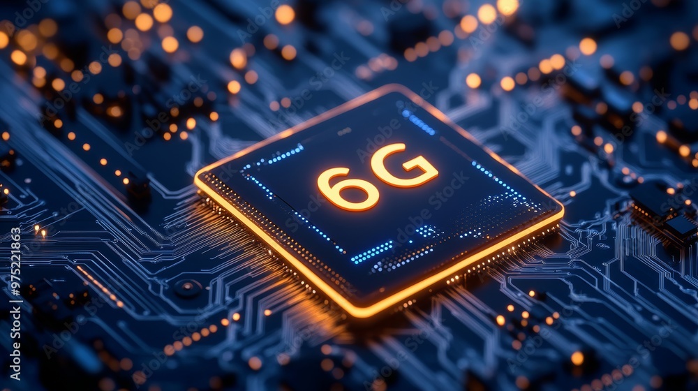 Fototapete 6g technology concept with illuminated microchip on circuit board