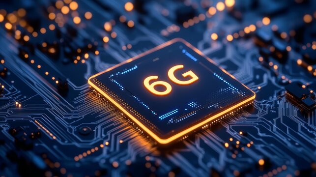 6g technology concept with illuminated microchip on circuit board