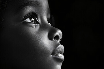 black and white closeup portrait of a young african american child looking upwards