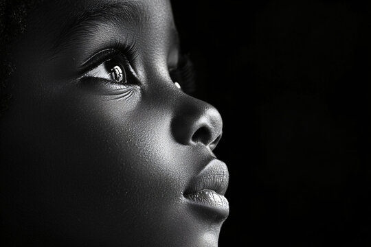 black and white closeup portrait of a young african american child looking upwards