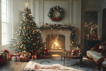 christmas tree with gifts and decorations, generative a.i.