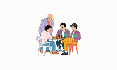 Fototapeta premium Group of people playing chess outdoors in a casual setting.