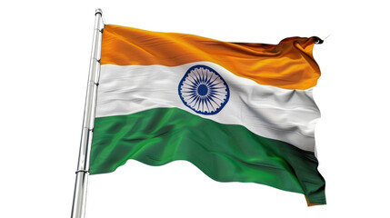 Waving India flag on a flagpole on transparent background