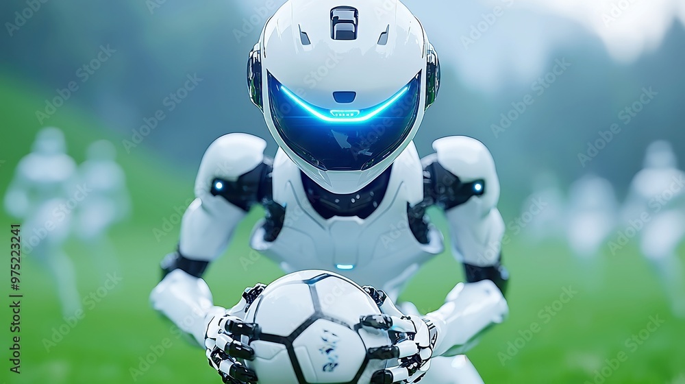 Poster futuristic soccer robot in action, humanoid robot energetically kicking a ball, clad in vibrant unif