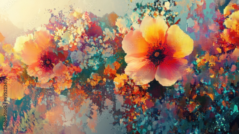 Poster ethereal fusion - abstract digital art blending floral patterns with pixelated textures