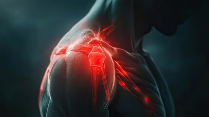 Illustration of a human shoulder with glowing red signals, depicting pain, injury, or muscle tension in a dramatic light.