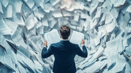 Employee navigating a maze of paperwork in a bureaucratic office setting, job, administrative challenges