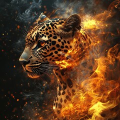 "Fiery Leopard Portrait with Enigmatic Background"