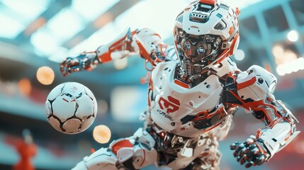 Naklejka premium Futuristic Soccer Robot, Humanoid robot in vibrant uniform energetically kicking a ball on a lush green field, showcasing innovation in sports technology and design