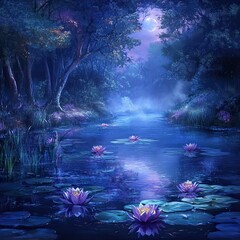 Fototapeta premium Tranquil Night Scene with Water Lilies and Still Water