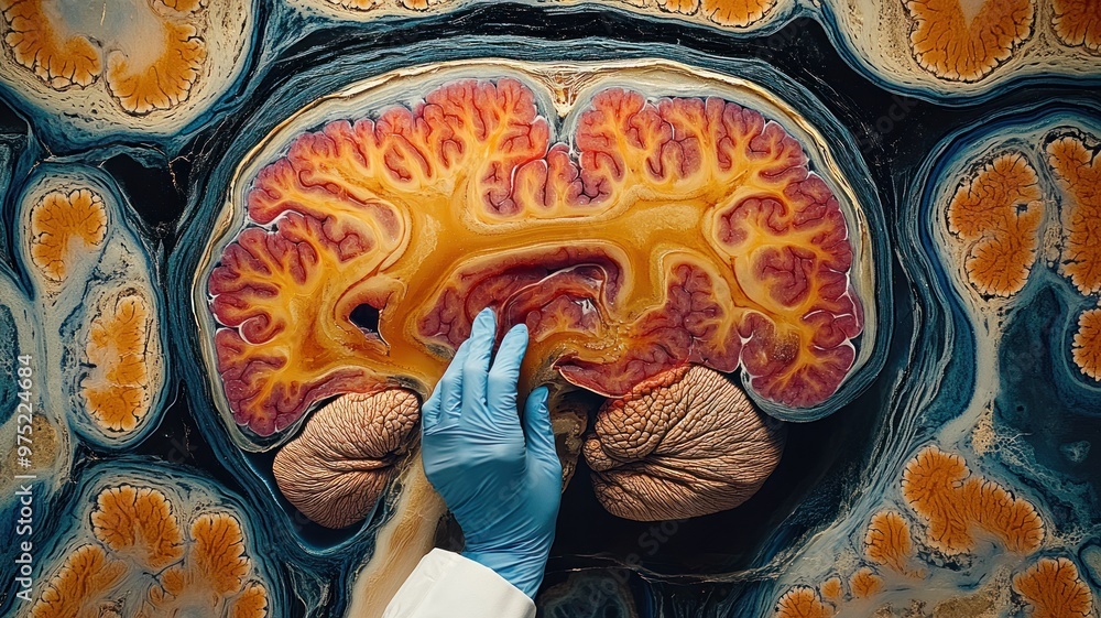 Poster cross-section of a brain model with vibrant colors and textures.