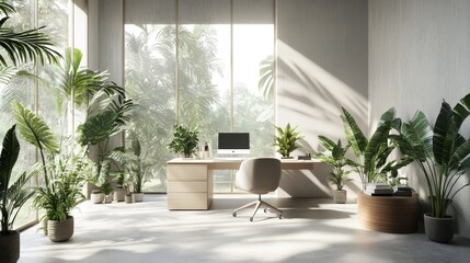 Minimalist office with natural light and indoor plants, work environment, sustainable and eco-friendly workspace