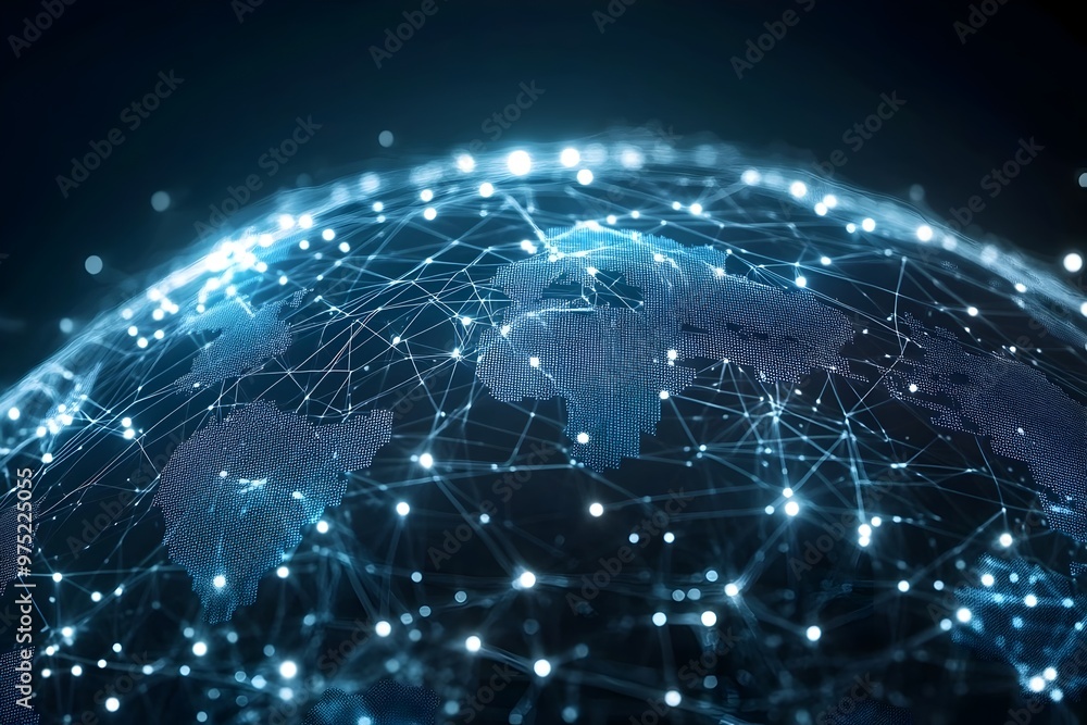 Poster intricate global telecommunication network infrastructure showcasing an interconnected digital matri