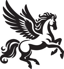 Black silhouette of jumping Pegasus vector, unicorn, flying pegasus vector silhouette, winged horse icon,