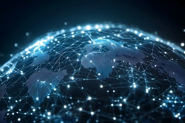 Intricate global telecommunication network infrastructure showcasing an interconnected digital matrix of data flow, signals, and information exchange across a futuristic, intelligent.