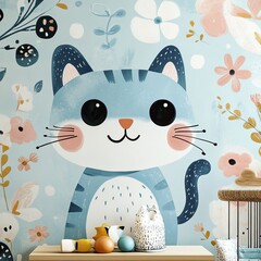 Cute Blue Cat Mural with Floral Design for Children's Room