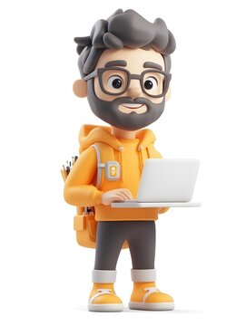 Cheerful and Friendly 3D Character of a Smiling Software Developer or Computer Programmer Working on a Laptop Isolated on a Bright White Background