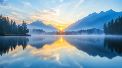 Fototapeta premium Serene lake at sunrise with misty mountains in the background, accord, nature's peace