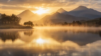 Obraz premium Serene lake at sunrise with misty mountains in the background, accord, nature's peace